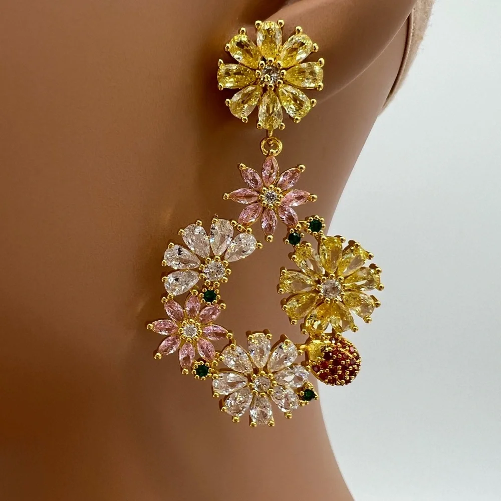 Colorful Floral Zircon Dangle Circle Earrings_6